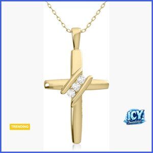 10k Gold Plated Cross Pendant Necklace with Natural Diamonds